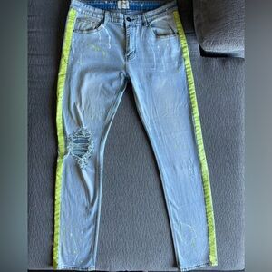 KDNK Skinny Light Wash Denim Jeans with Neon Lime Side Stripes